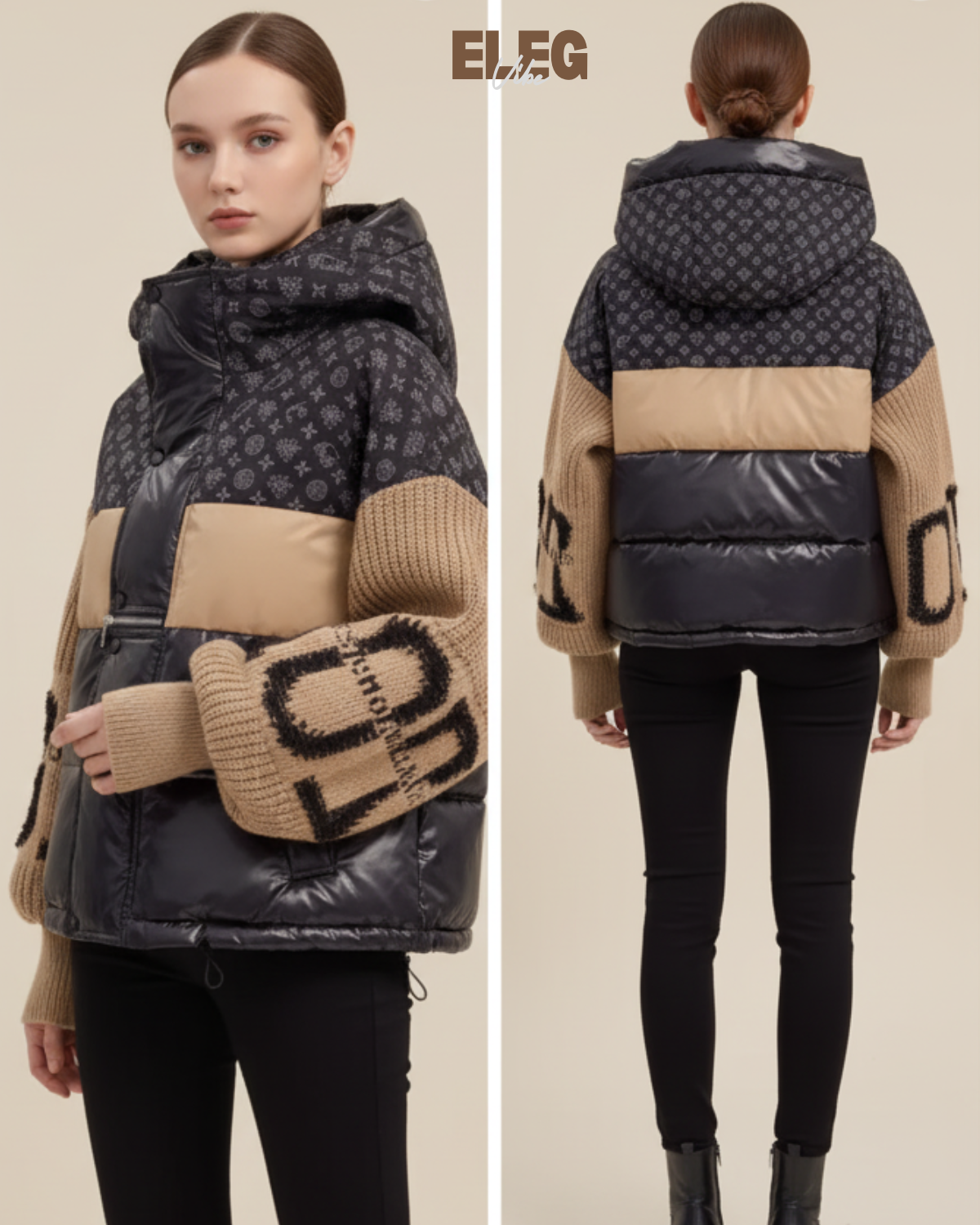 Winter Designer Puffer Jacket with Knit Sleeves - Women's Luxury Coat ELEGVIBE