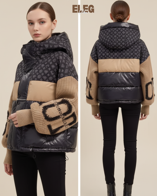 Winter Designer Puffer Jacket with Knit Sleeves - Women's Luxury Coat ELEGVIBE