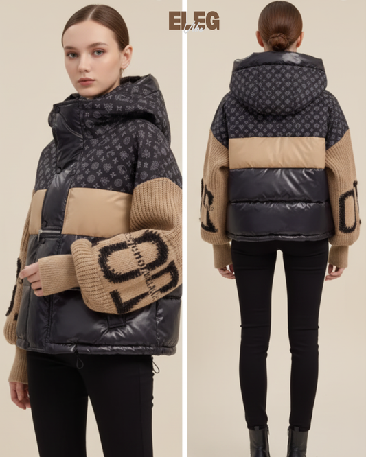Winter Designer Puffer Jacket with Knit Sleeves - Women's Luxury Coat ELEGVIBE