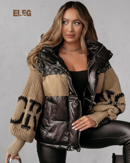 Winter Designer Puffer Jacket with Knit Sleeves - Women's Luxury Coat ELEGVIBE